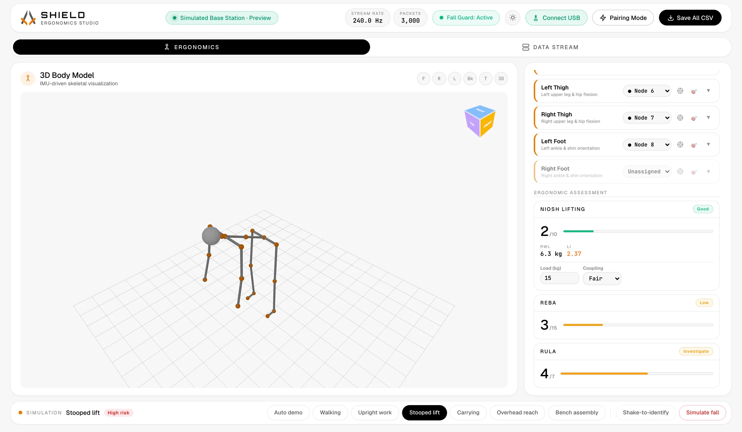 Shield Ergonomics Studio dashboard with a 3D body model and posture scores
